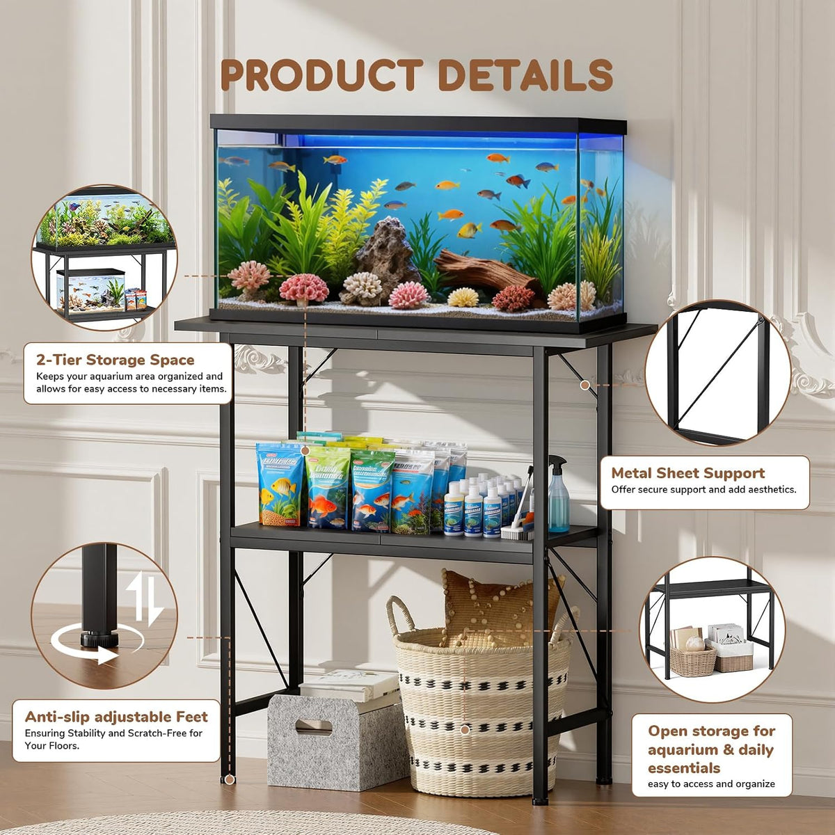 10-30 gallon fish tank stand with storage shelves, close-up detail