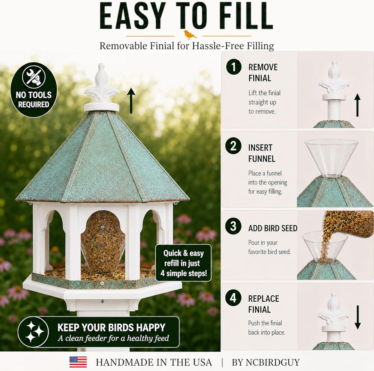handmade patina copper roof octagon bird feeder (sbf8v), side view