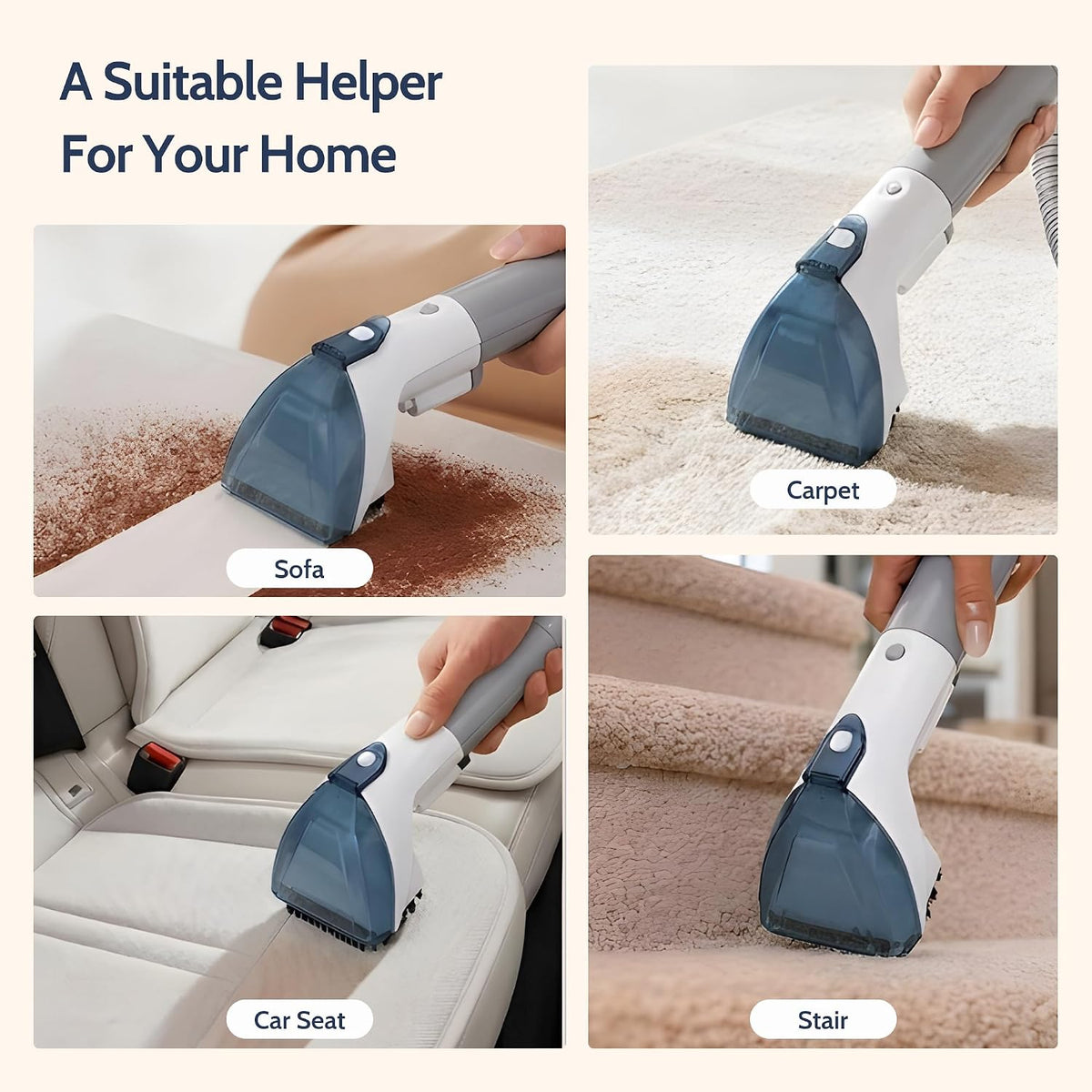 portable carpet cleaner machine,16kpa power suction with tools showing dimensions