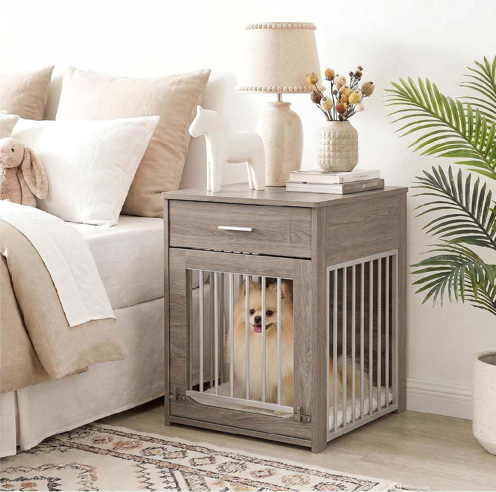 dog crate furniture end table with flip-up door, front angle view