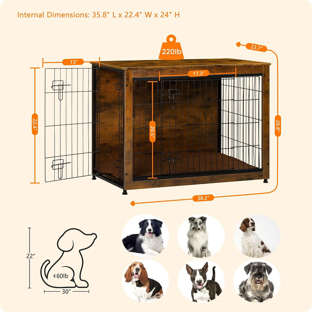 dwanton 38.5" xl dog crate furniture with cushion showing dimensions