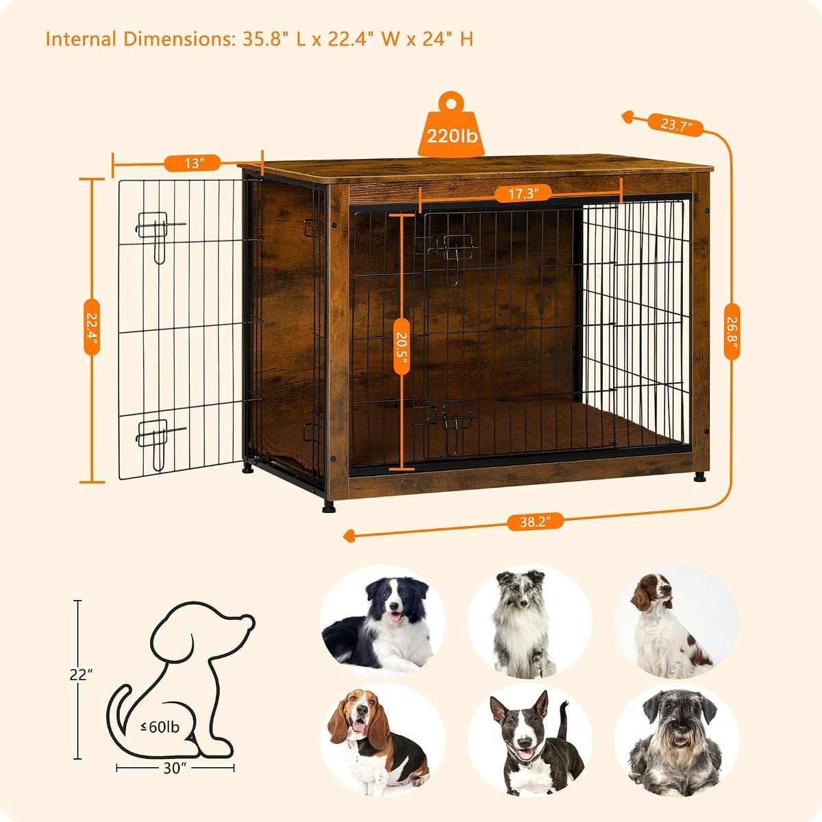 dwanton 38.5" xl dog crate furniture with cushion showing dimensions