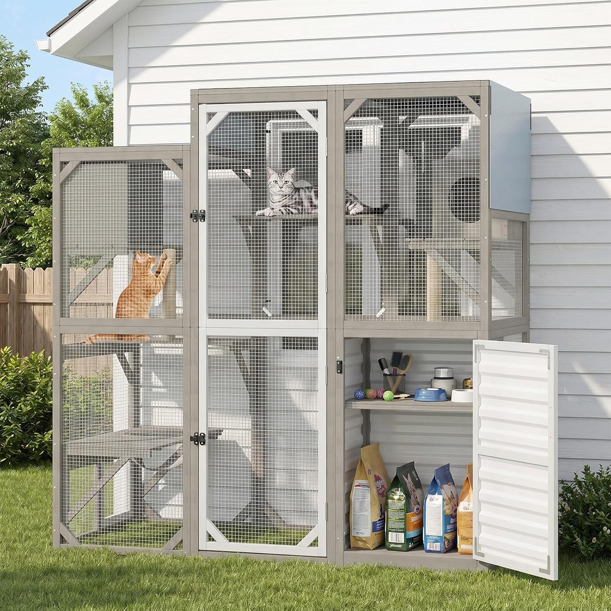 walk-in catio with storage cabinet, large outdoor cat, main product view