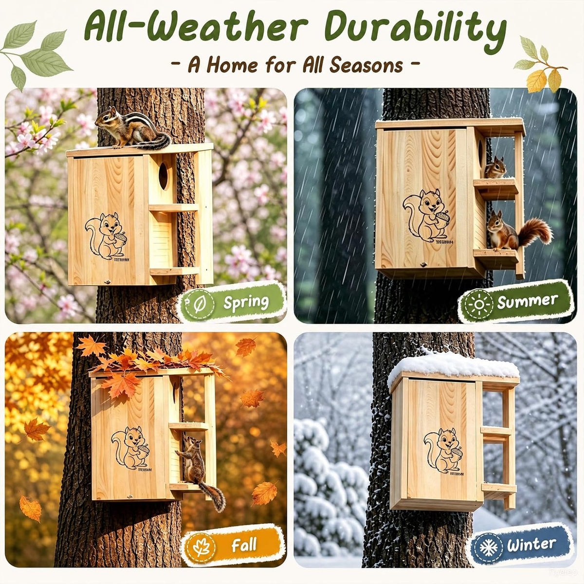 large wooden squirrel house for outside, 2-in-1 squirrel, side view