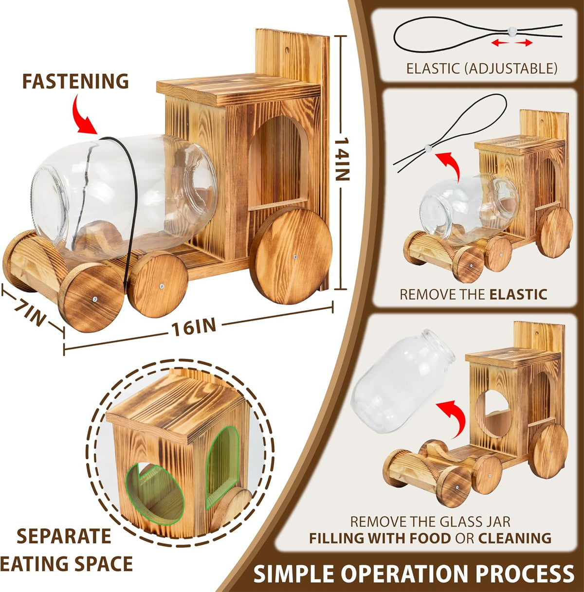 large wooden squirrel feeder for outside, 0.8-gallon glass shown in use