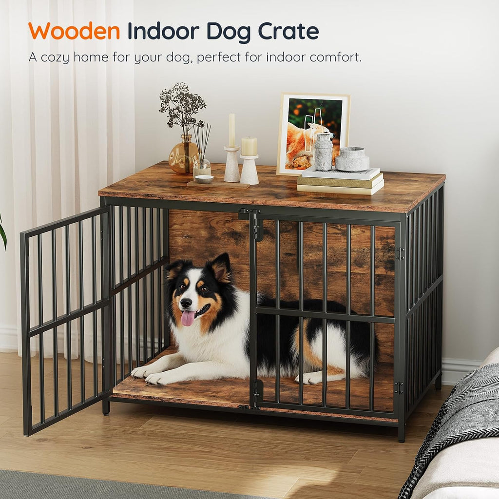 hoobro 38.6" dog crate furniture, wooden dog kennel, side view
