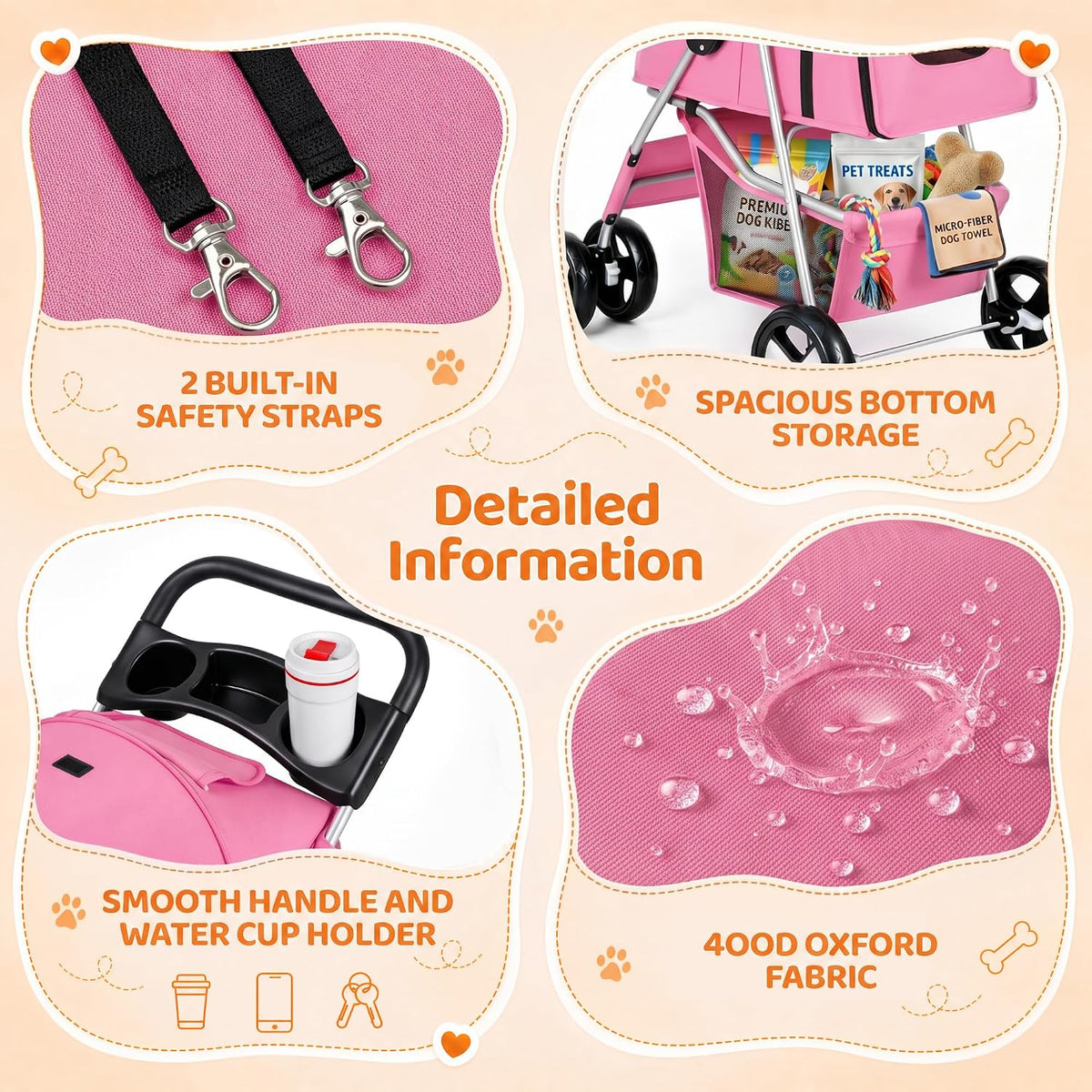 zeny foldable pet stroller, cat/dog stroller with 4, close-up detail