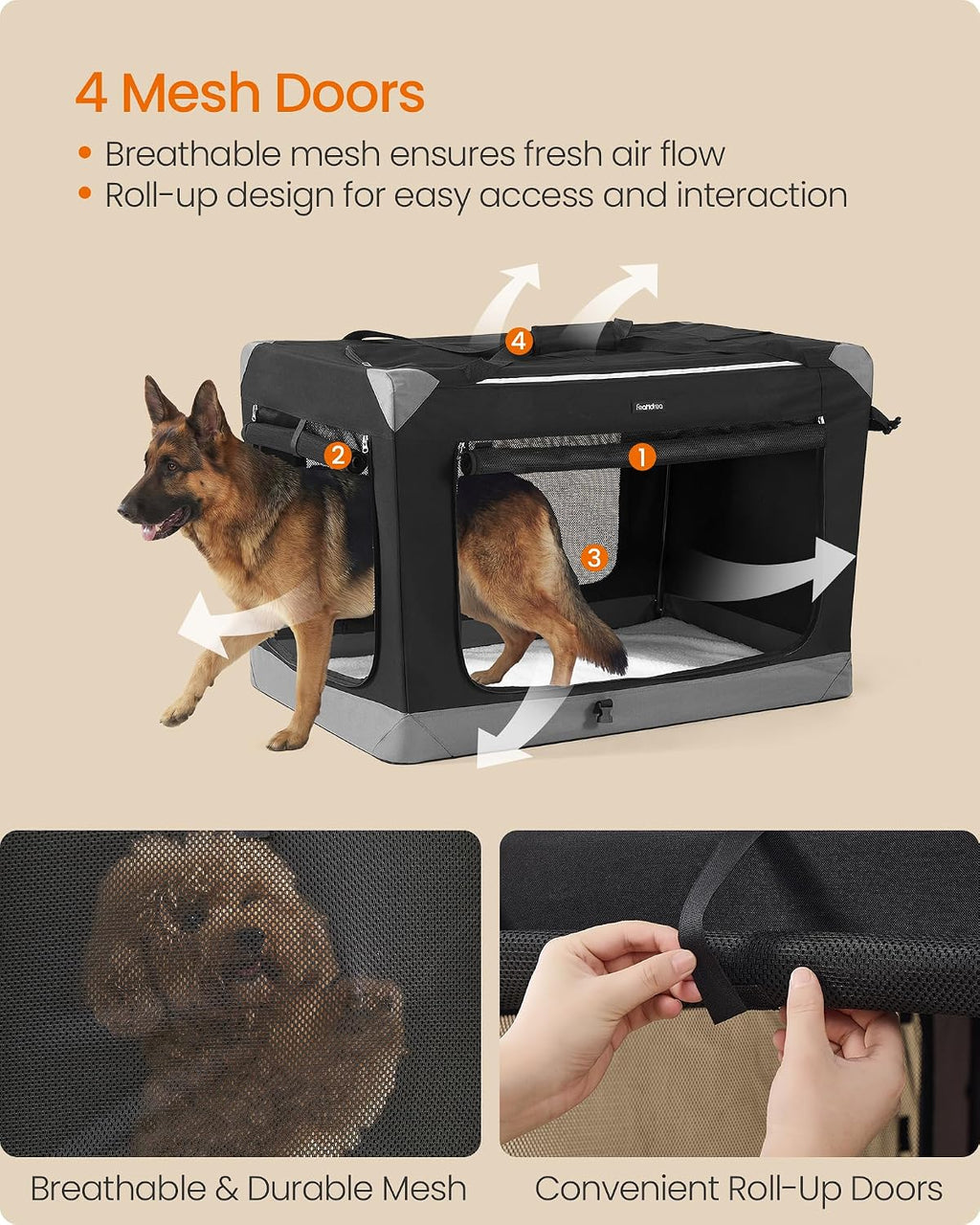feandrea collapsible dog crate, portable pet travel crate, side view