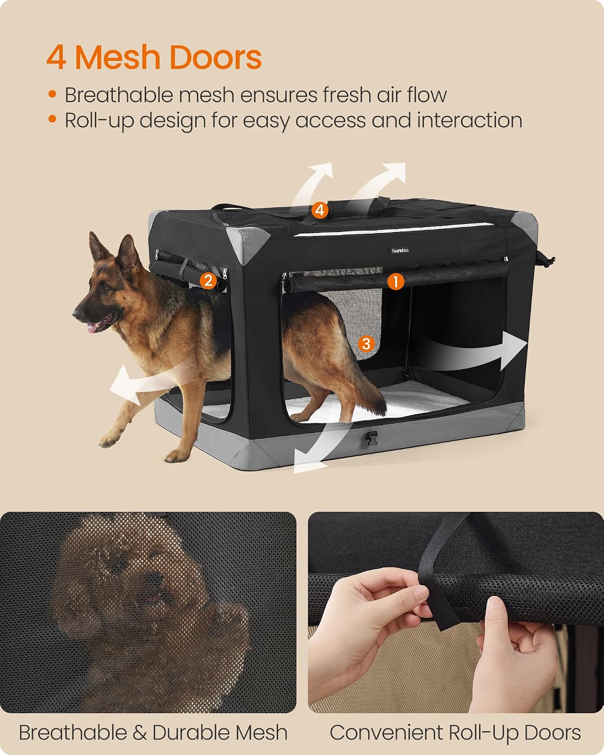 feandrea collapsible dog crate, portable pet travel crate, side view