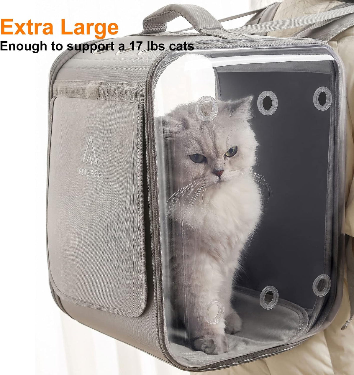 cat backpack carrier large pet backpack carrier, 17lbs, close-up detail