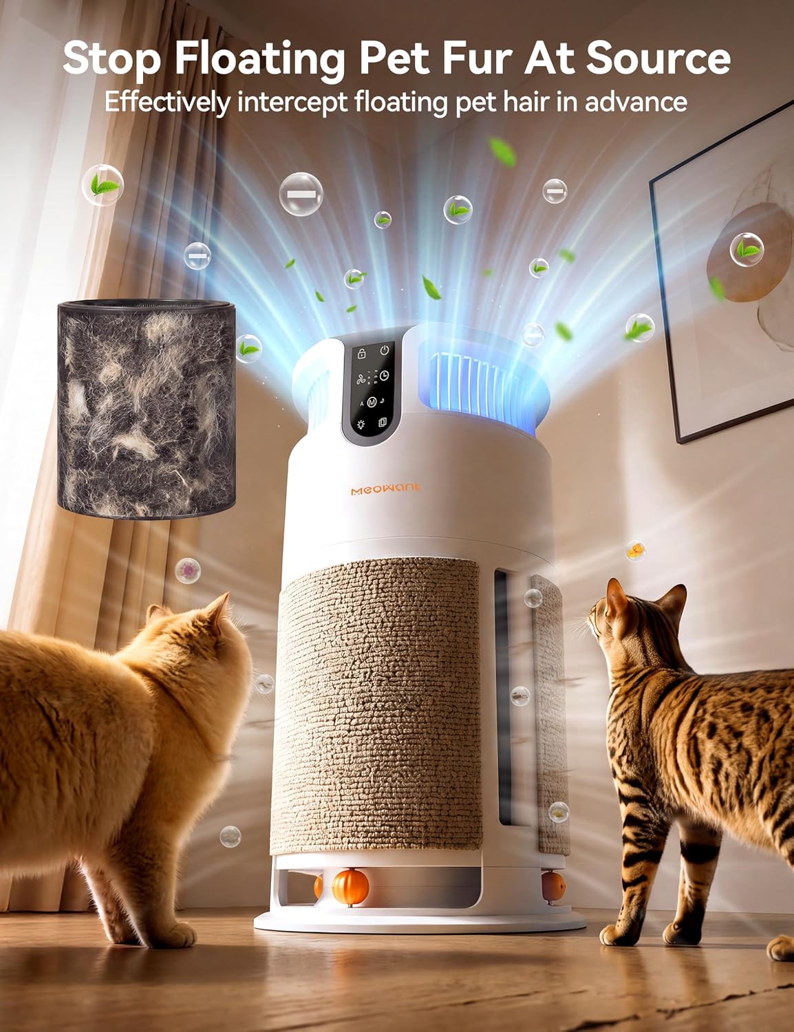 meowant pet air purifier for home large room,h13 showing dimensions