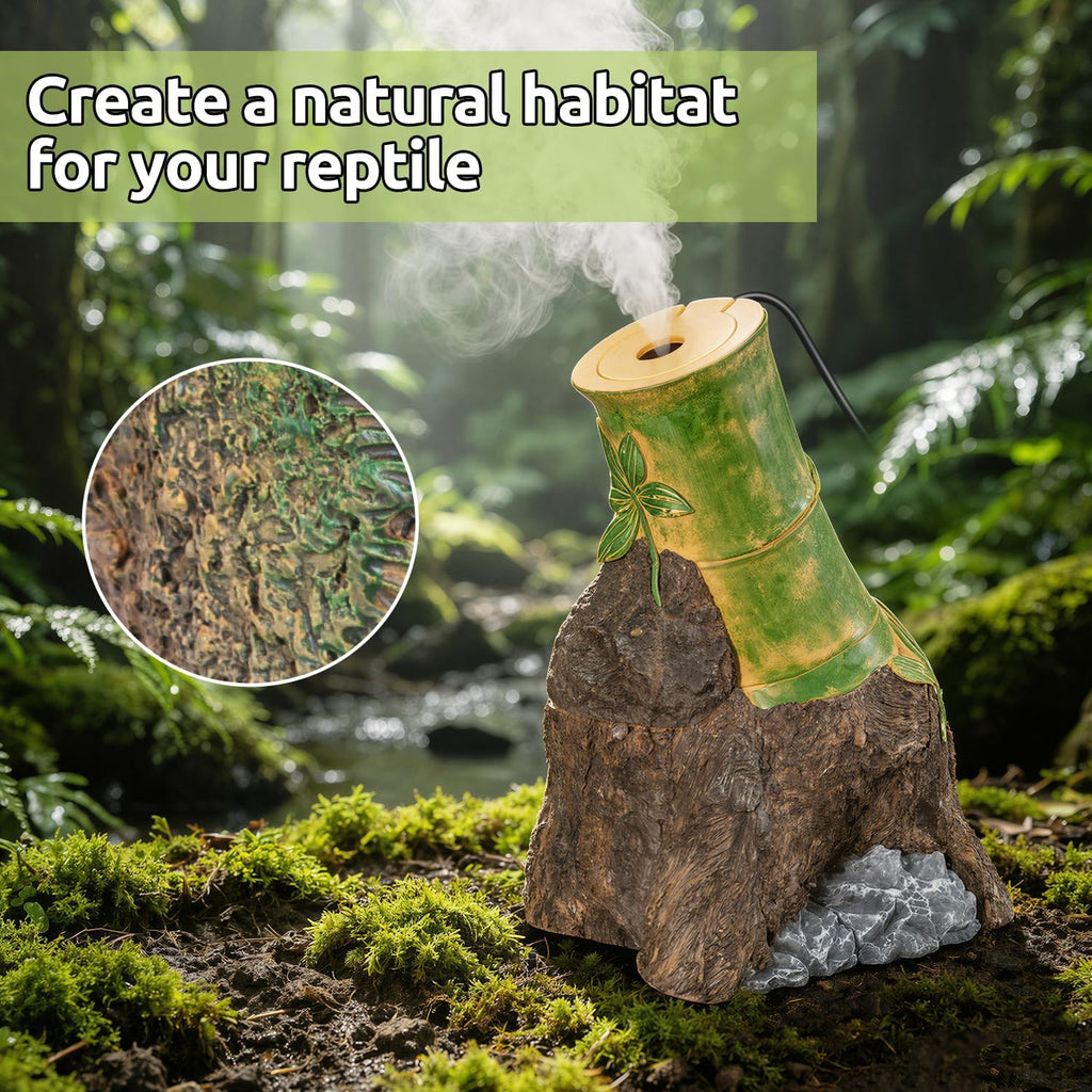 reptile humidifier fogger, bamboo trunk humidifier with top shown in use