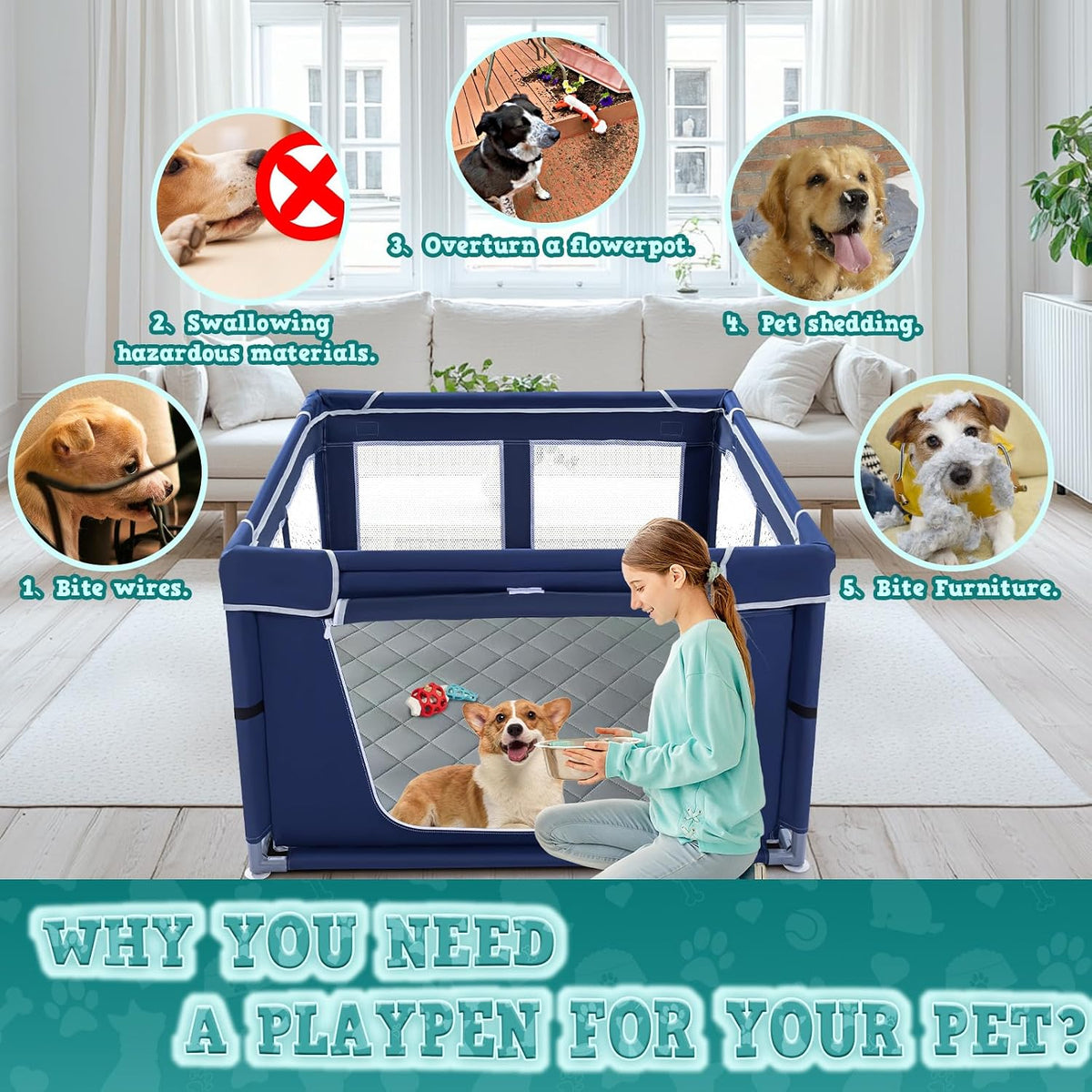 xvishx 42x42 inches puppy playpen with dog pads shown in use