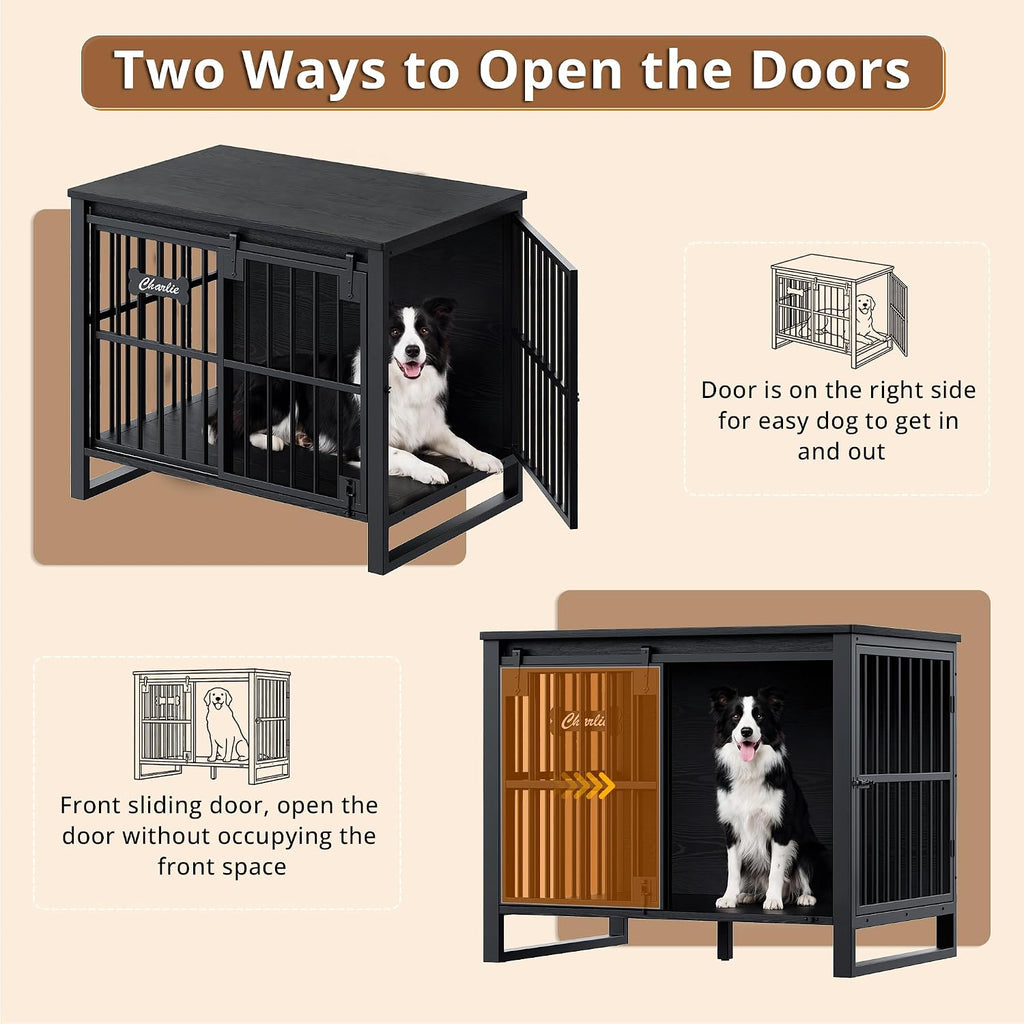 ironck 39.4" l dog crate furniture with sliding shown in use