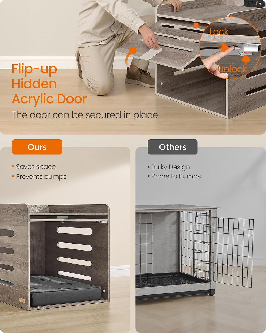feandrea modern dog crate furniture, charging station, flip-up showing dimensions