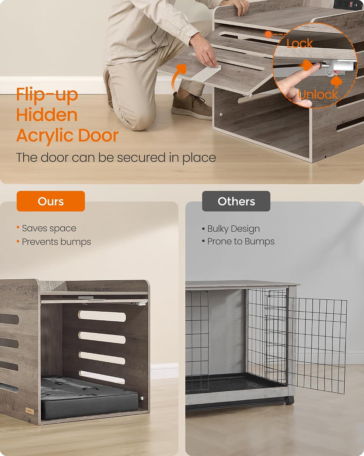 feandrea modern dog crate furniture, charging station, flip-up showing dimensions