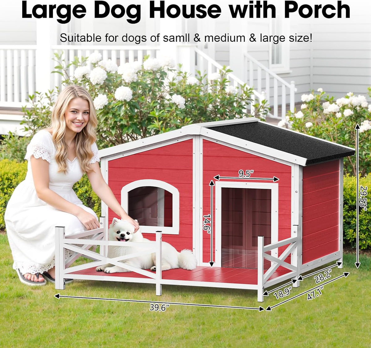 large dog house with porch, outdoor dog house shown in use