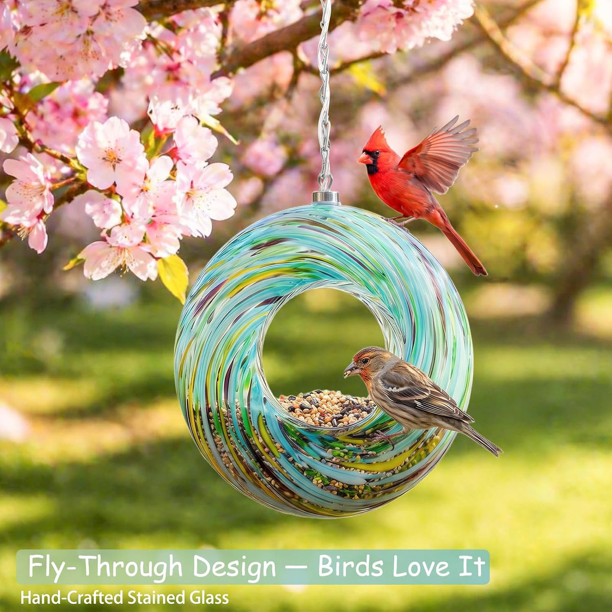 yinns glass bird feeder outside, hanging solar birdfeeder shown in use
