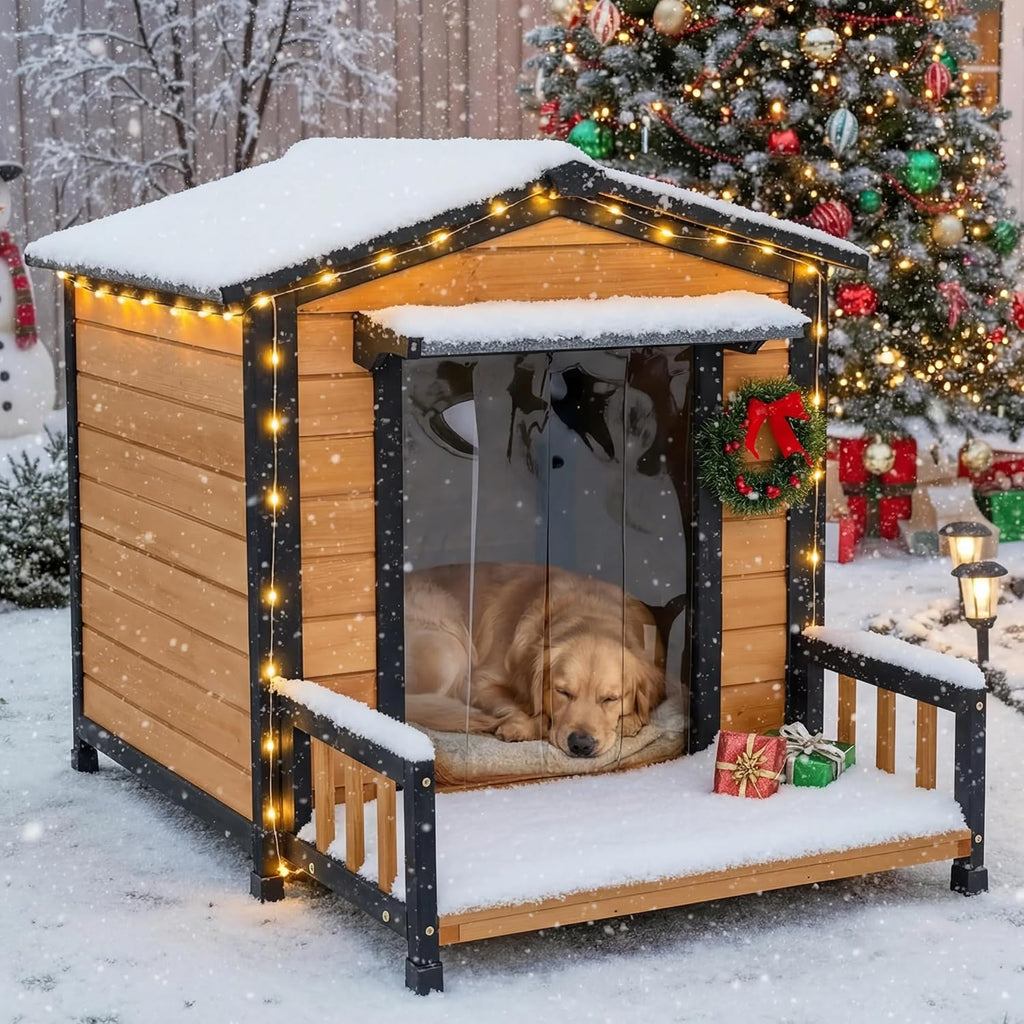 large dog house outdoor, wood weatherproof shelter with on a desk or shelf