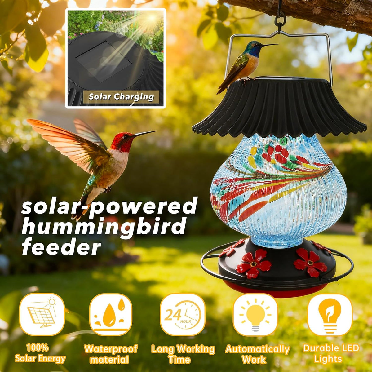 solar hummingbird feeder, hand blown glass multicolor night shown in use