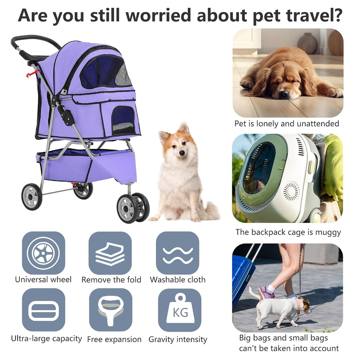fdw | 3-wheel foldable pet stroller | purple, package contents