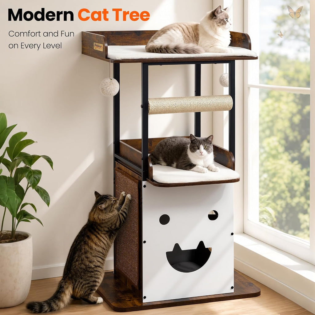 48in wood modern cat tree for large indoor showing dimensions