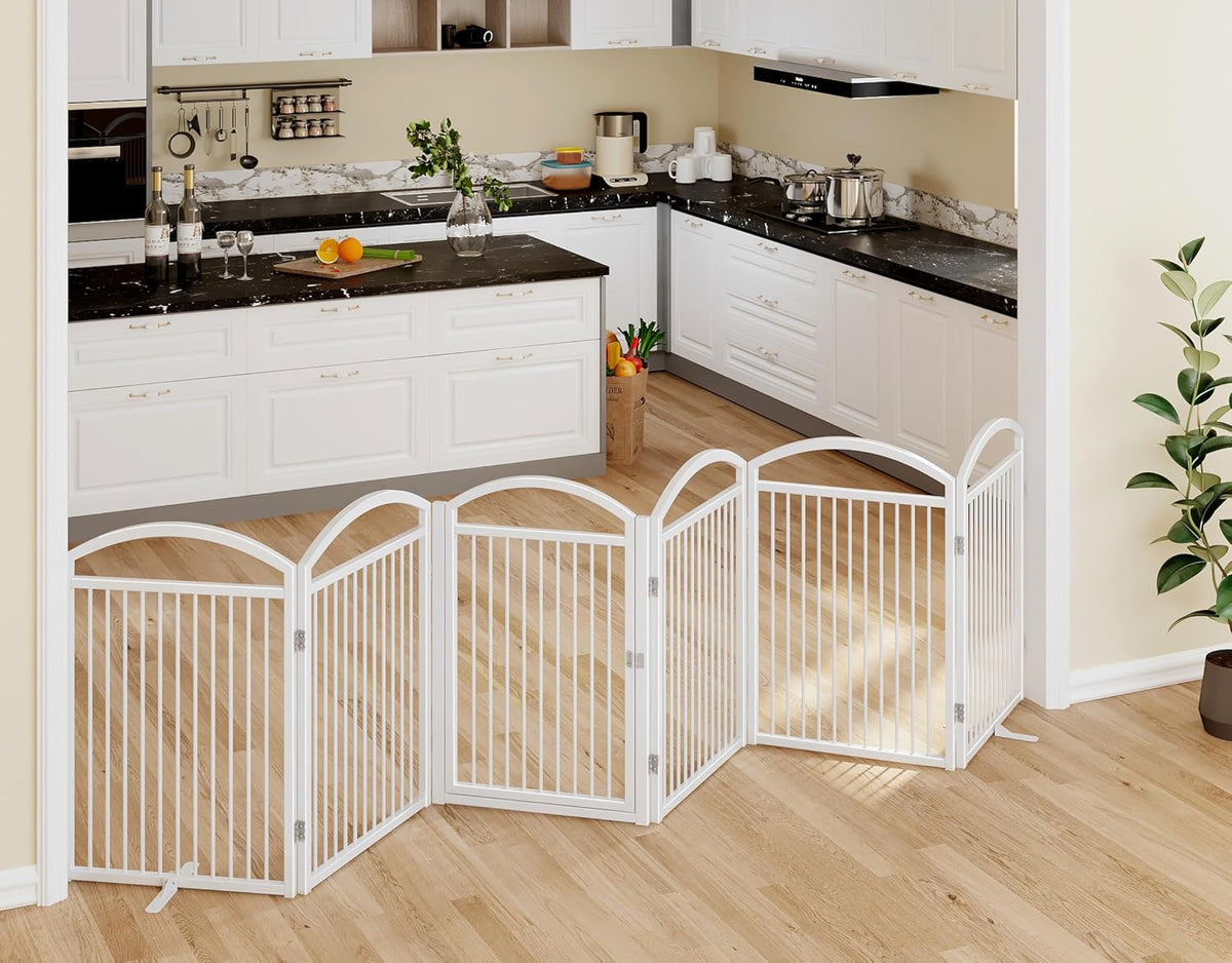 folding pet fence 144" wide, 32" tall,freestanding dog showing dimensions