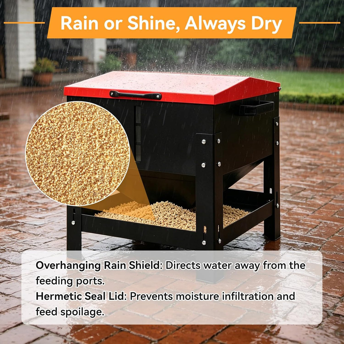 metal chicken feeder 80 lbs large capacity, automatic showing dimensions