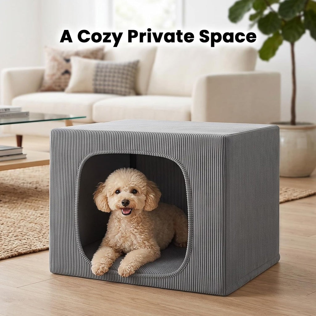 indoor dog house for small medium dogs, corduroy shown in use