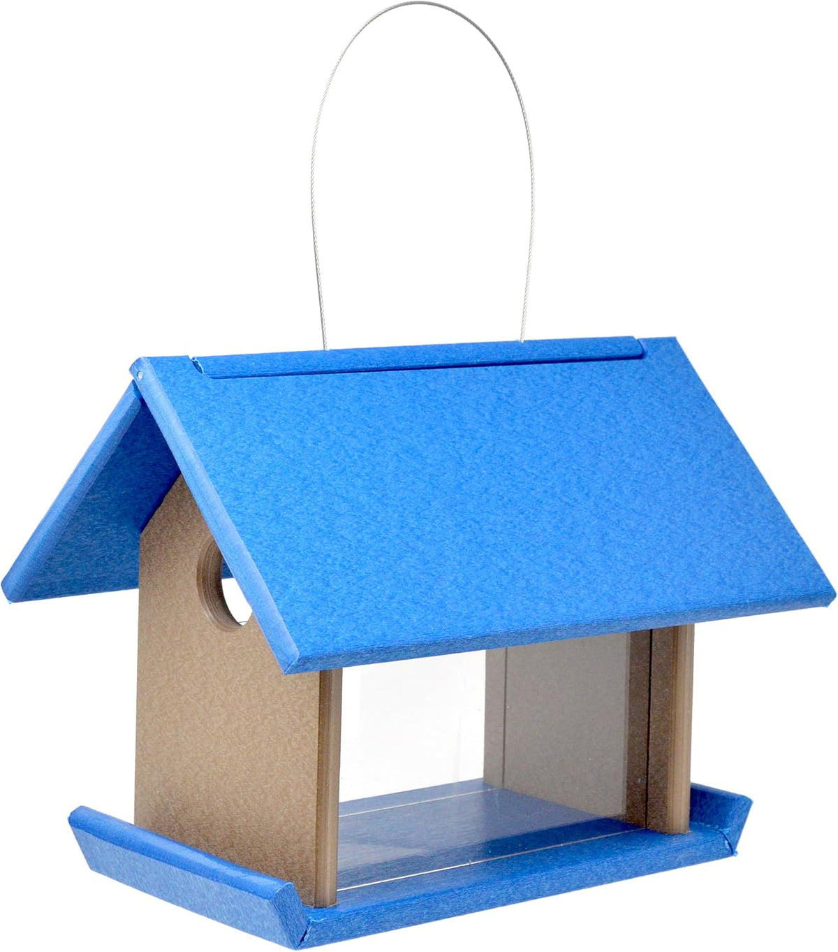 songbird essentials mealworm feeder blue/grey shown in use