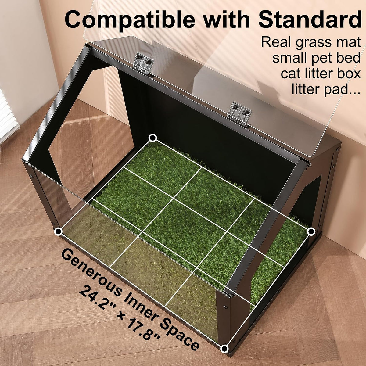 stylish indoor dog potty with high walls, durable showing dimensions