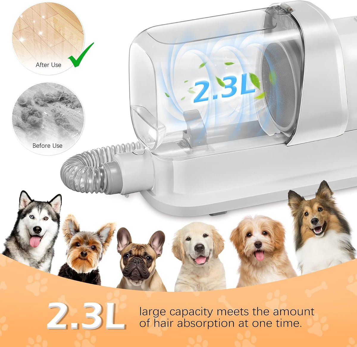 grooming kit with 2.3l vacuum suction 99% pet shown in use
