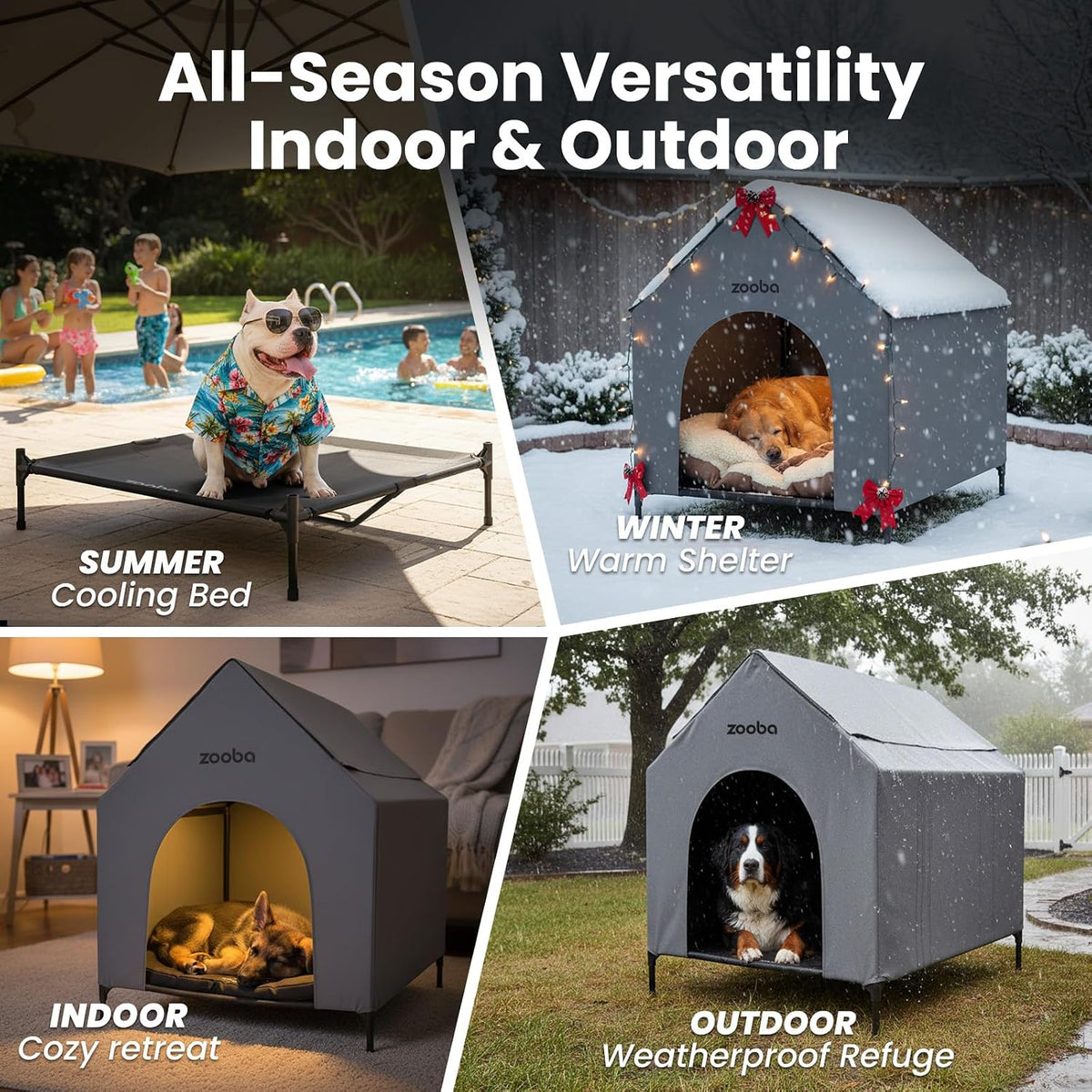 zooba large dog house outdoor, 36in elevated 2-in-1 showing dimensions