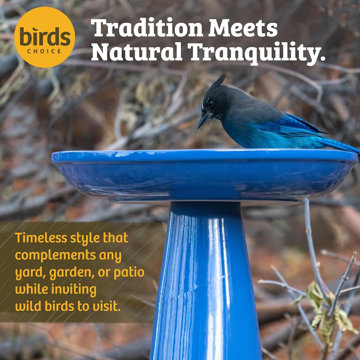 birds choice ohio stoneware pedestal bird bath | shown in use