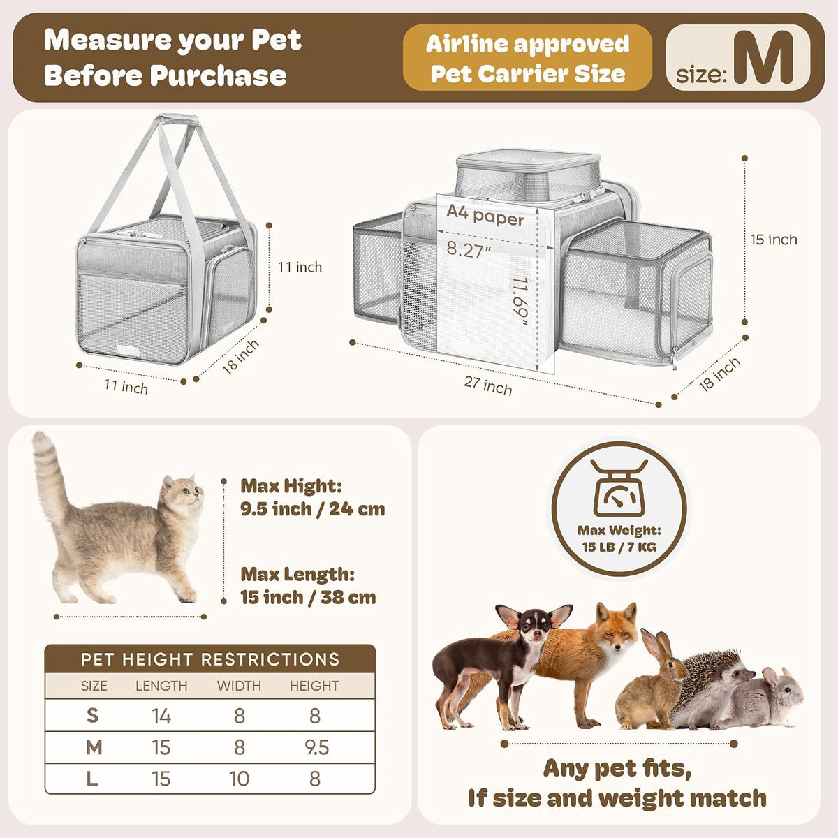 top and 2 sides expandable cat carrier 18x11x11, side view