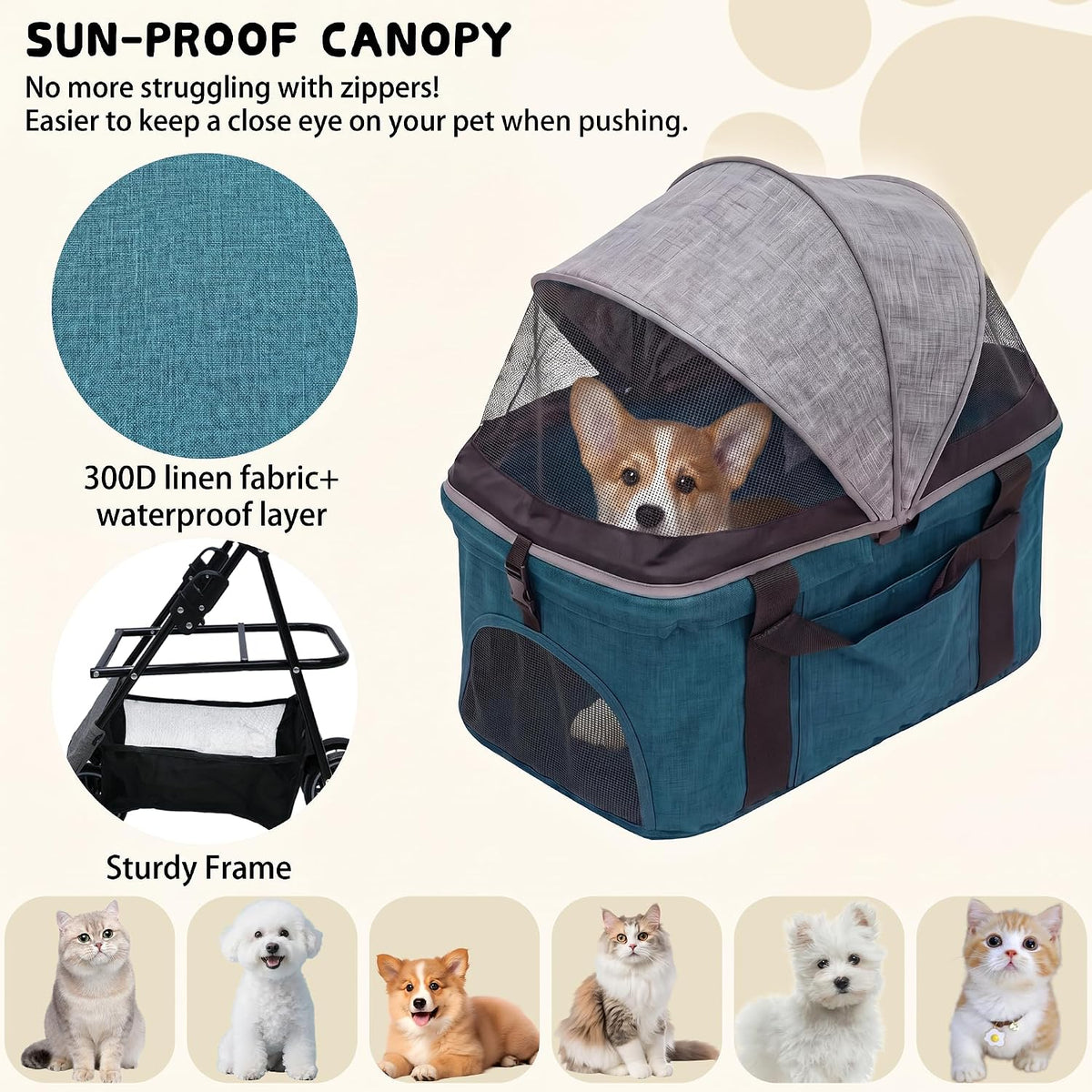 2-in-1 foldable pet stroller 4-wheel for small dogs, front angle view