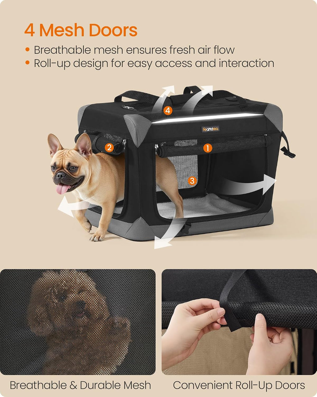 feandrea collapsible dog crate, portable pet travel crate, side view