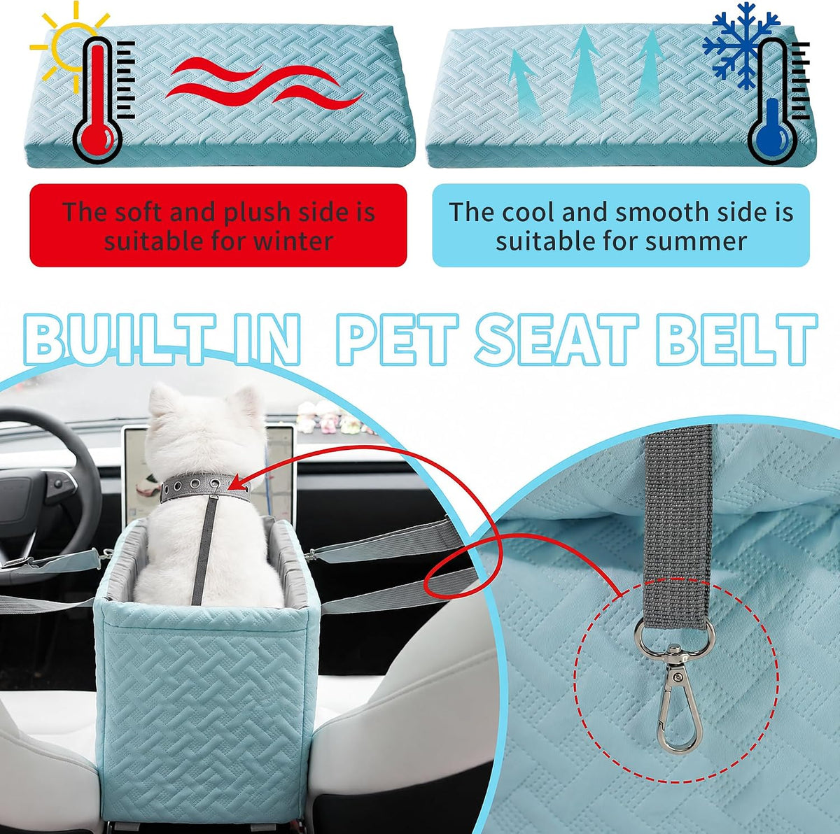 center console dog car seat for small dogs, close-up detail