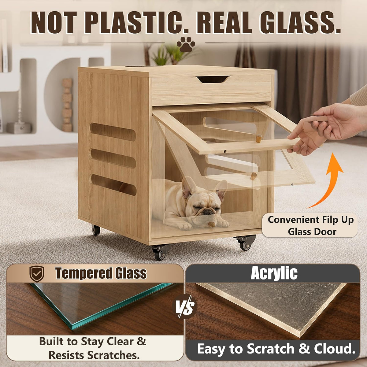small dog crate furniture with flip-up glass door, side view