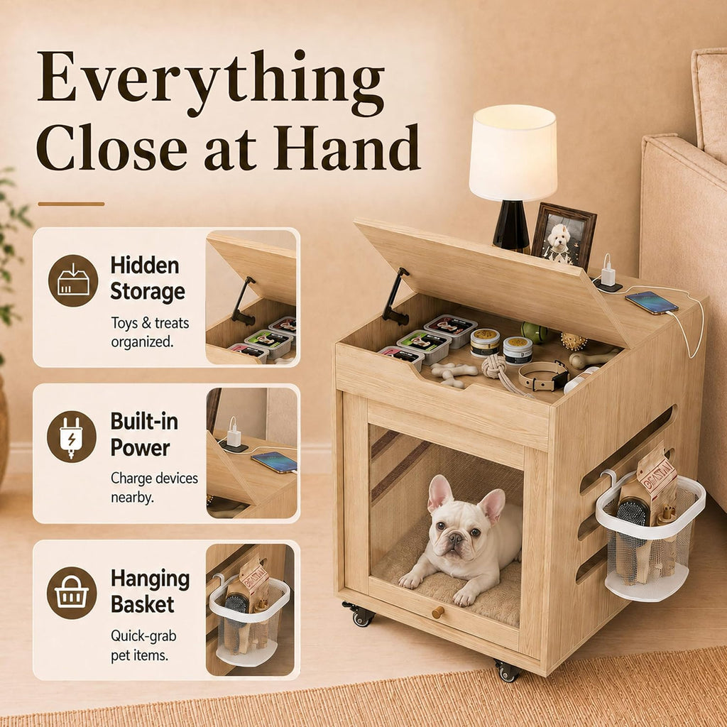 small dog crate furniture with flip-up glass door, package contents