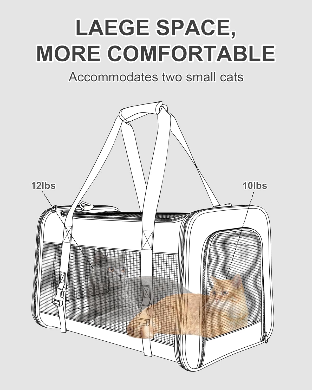 soft-sided large cat carrier for 2 cats, spacious, side view