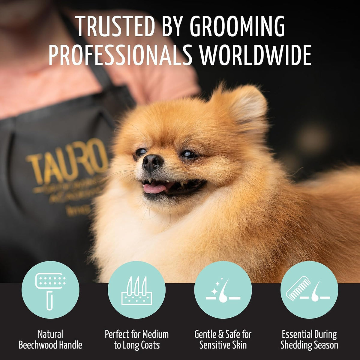 tauro pro line deshedding wooden brush for dogs shown in use