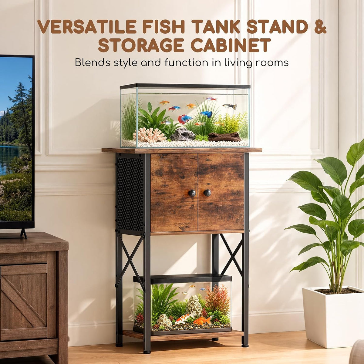 10 gallon fish tank stand with storage cabinet, side view