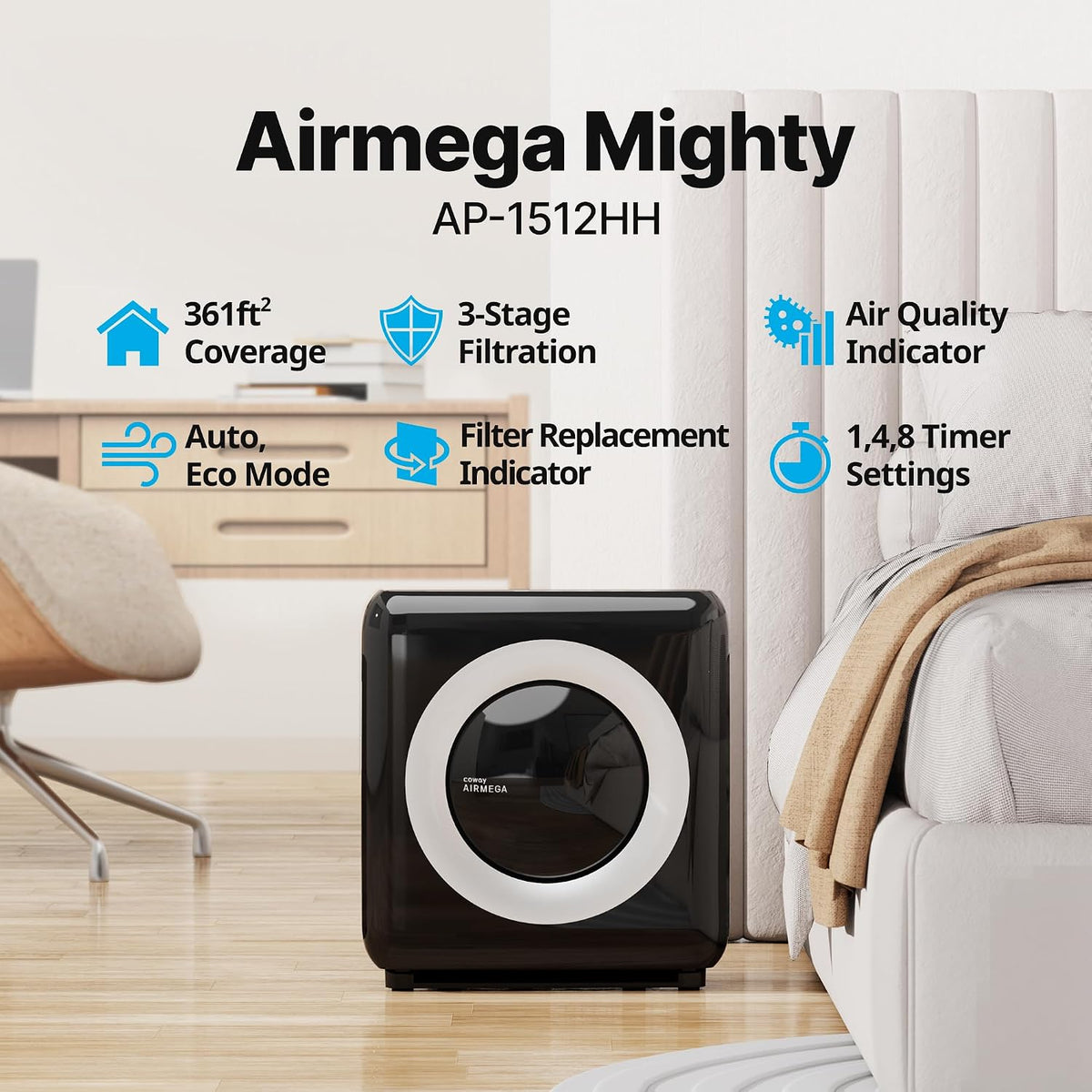 coway air purifier for home up to 1,748ft² shown in use