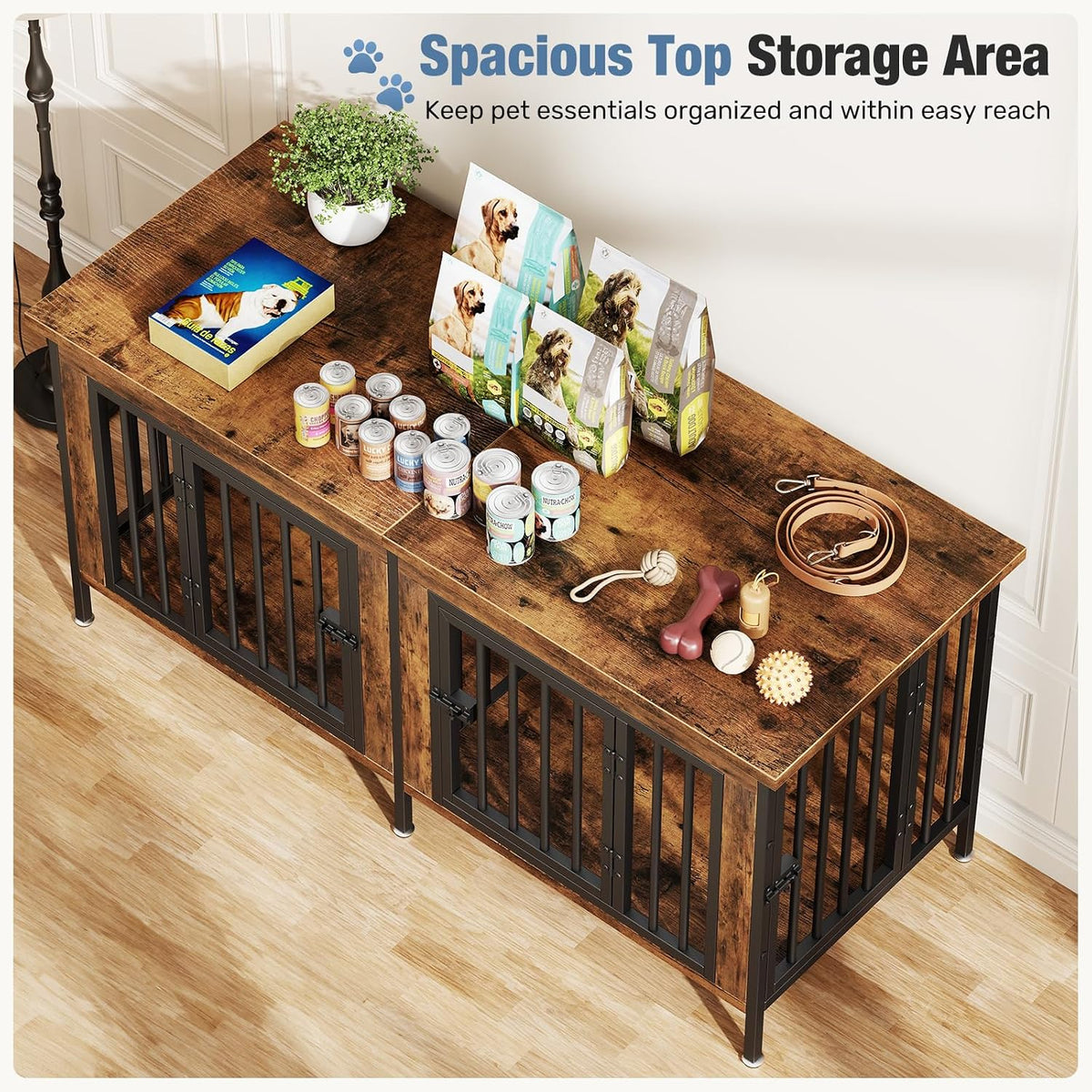 dumos 54" dog crate furniture for 2 dogs on a desk or shelf