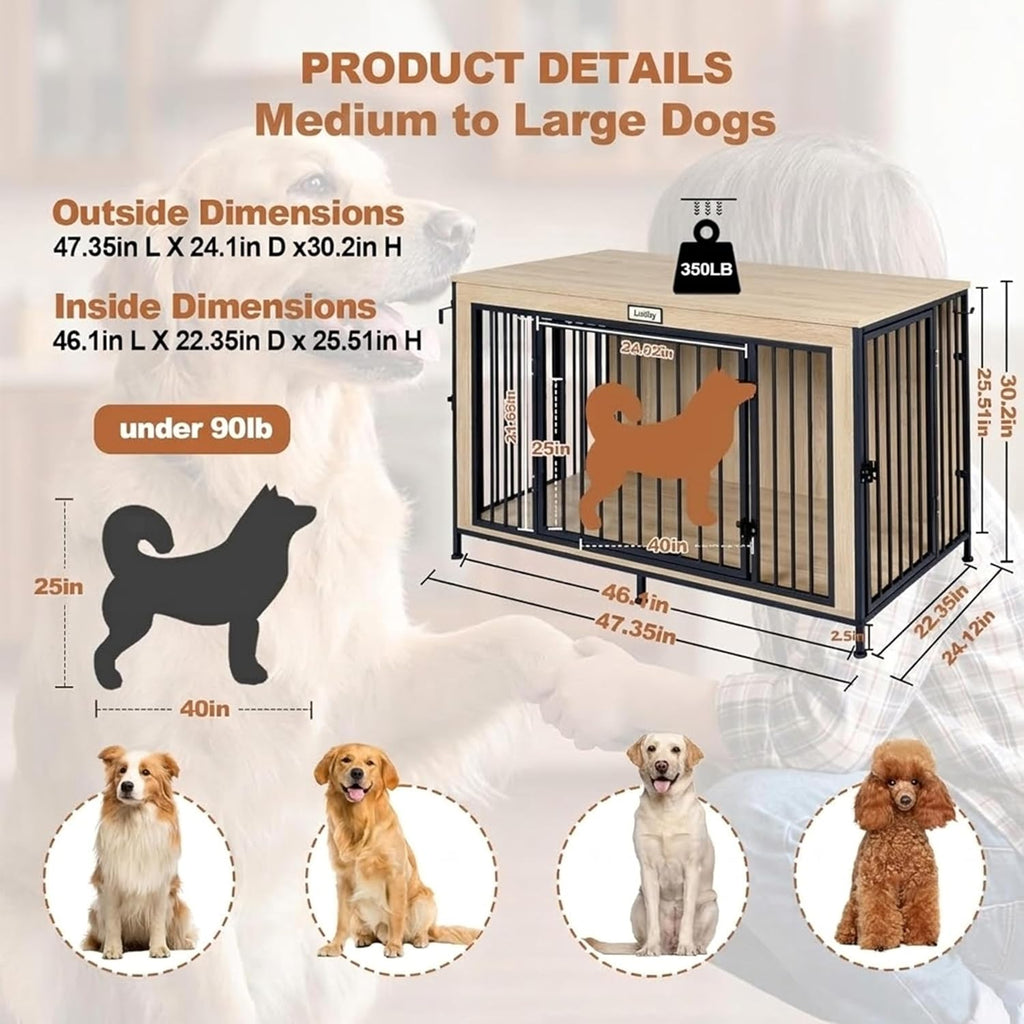 48" xl dog crate furniture for large dogs,farmhouse showing dimensions