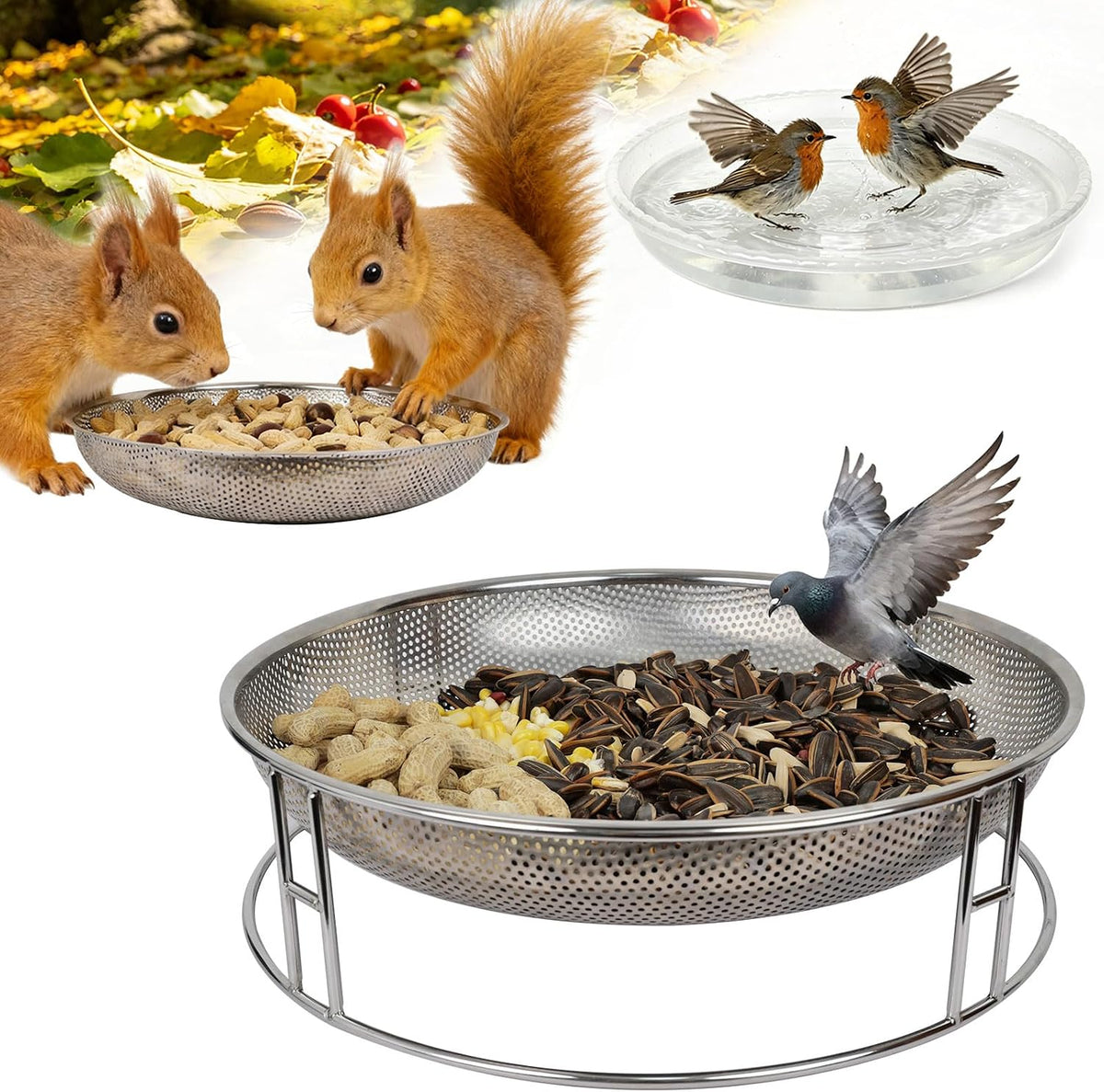 13-inch ground bird feeder and bath combo, stainless, main product view