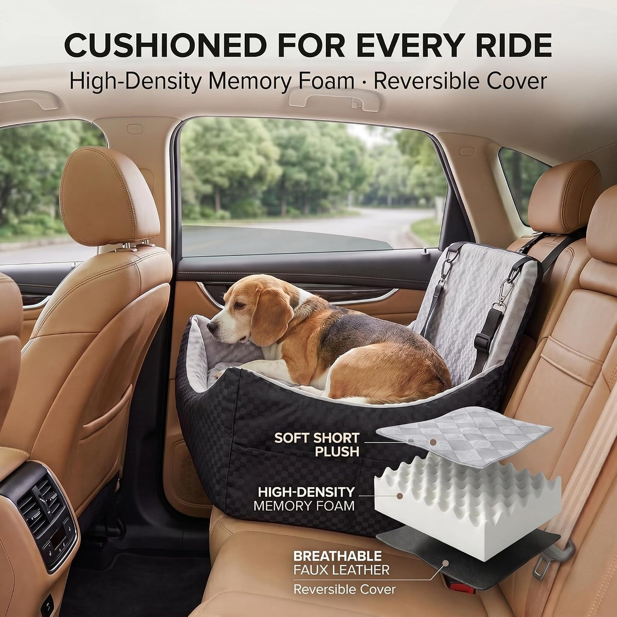 dog car seat, 5" elevated cushion, front/back seat shown in use
