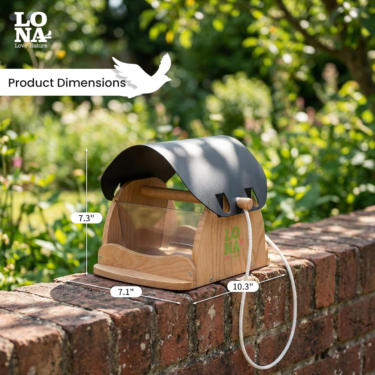 lona wooden bird feeder for outdoors hanging, large shown in use