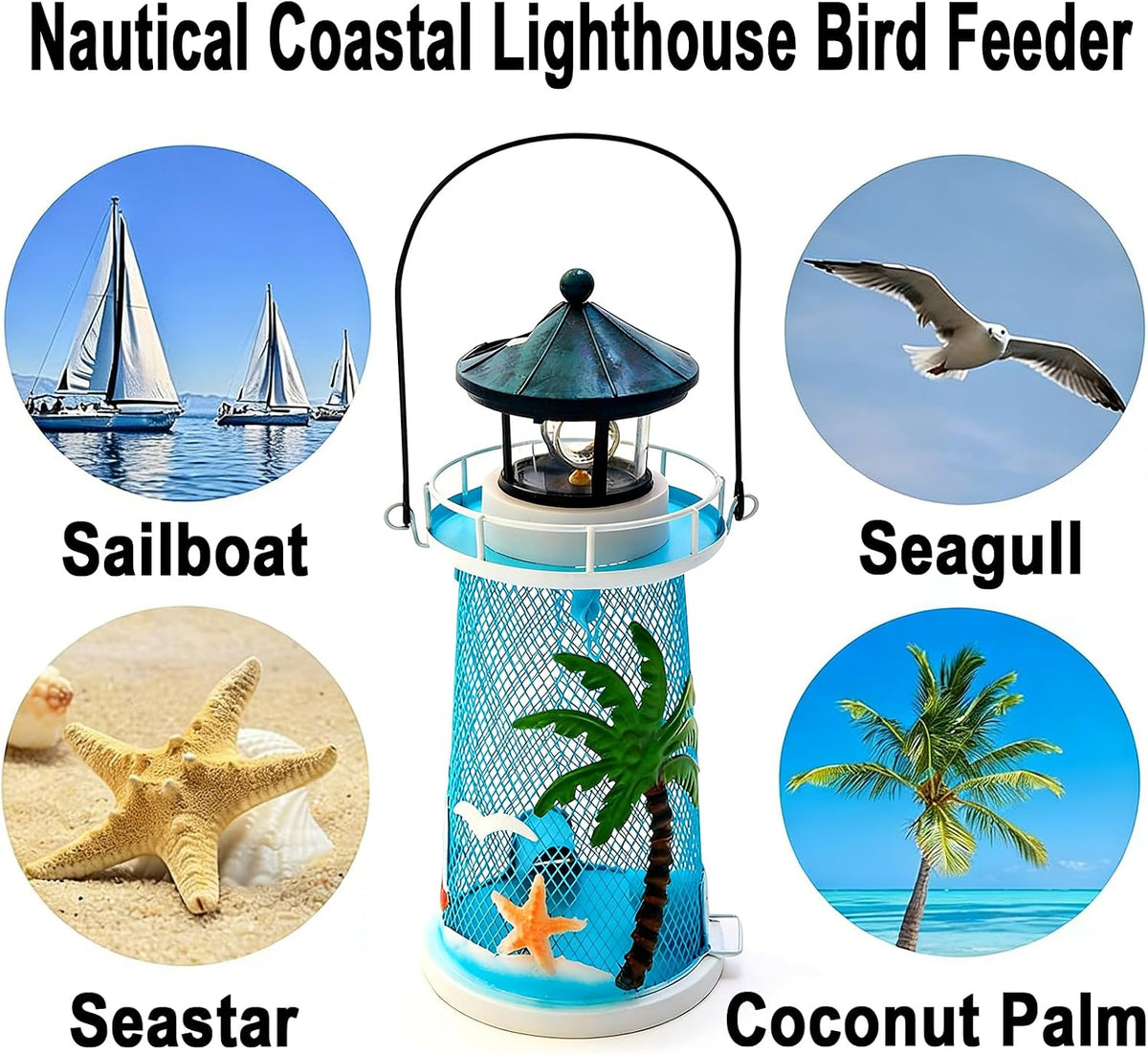 solar lighthouse bird feeder with rotating beacon, close-up detail